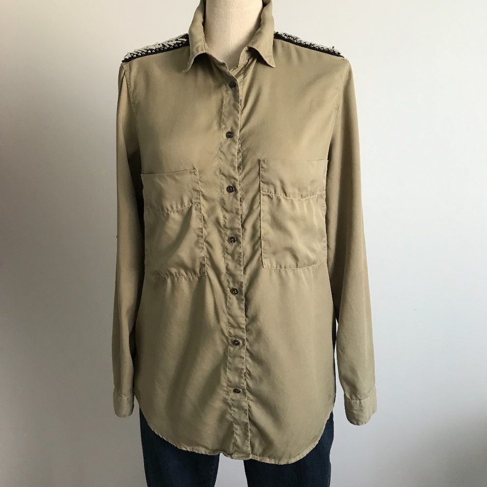 Zara - Tan Military Long Sleeve Button Up Shirt - Picture 3 of 15